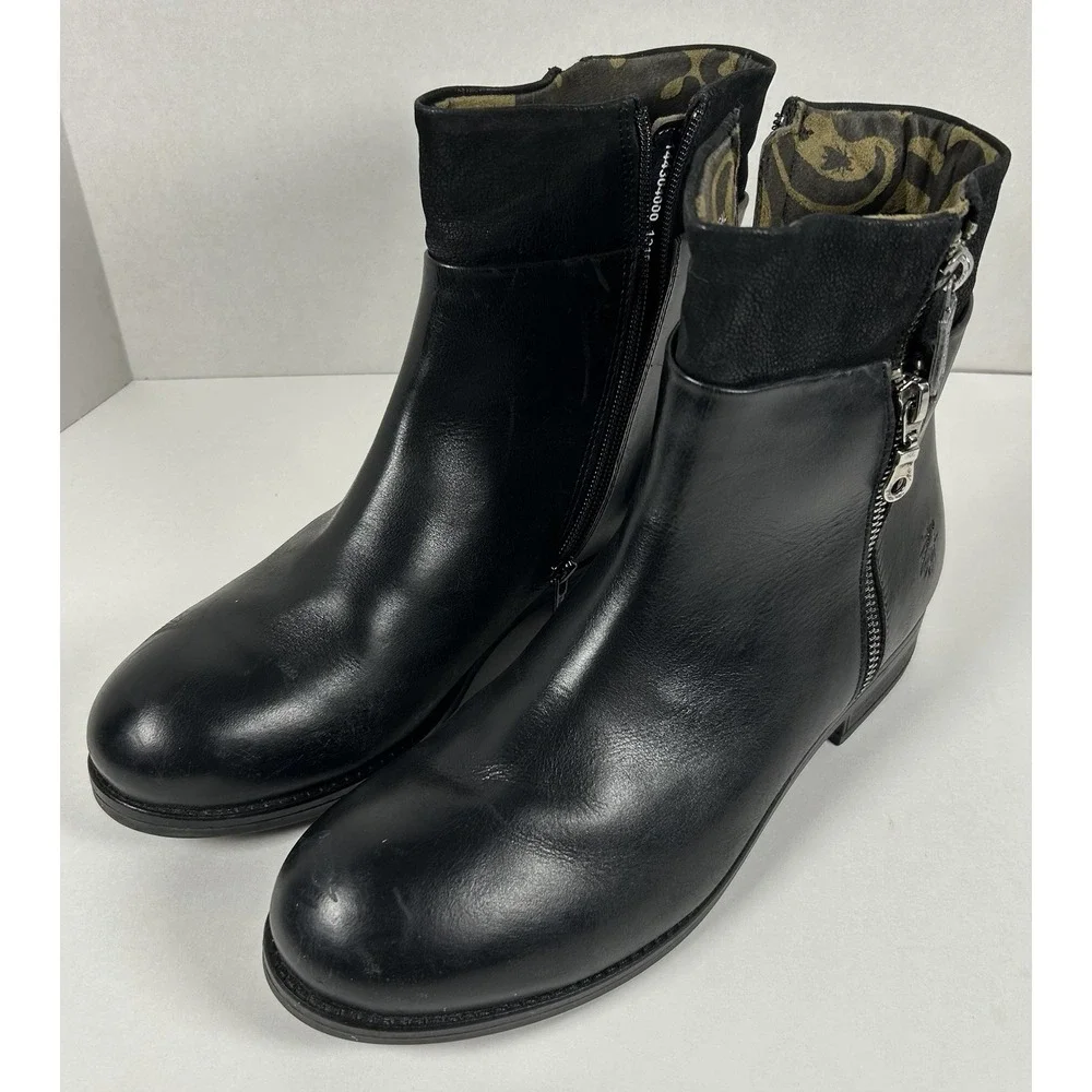 Fly London Black Leather Zippered Ankle Boots Women's Size 42 /10.5
